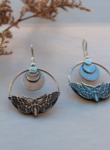 Sphinx, moth and moon earrings in sterling silver 