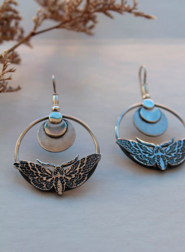 Sphinx, moth and moon earrings in sterling silver