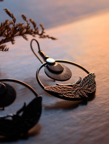 Sphinx, moth and moon earrings in sterling silver 