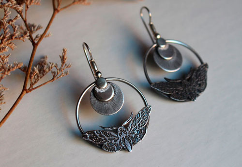 Sphinx, moth and moon earrings in sterling silver