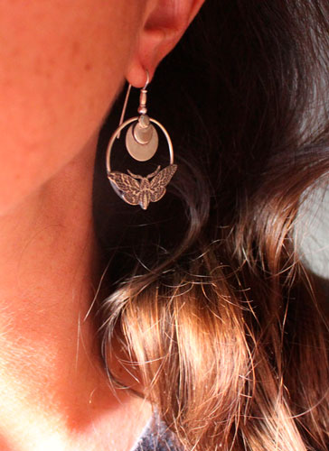 Sphinx, moth and moon earrings in sterling silver