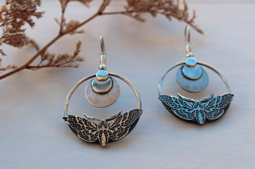 Sphinx, moth and moon earrings in sterling silver