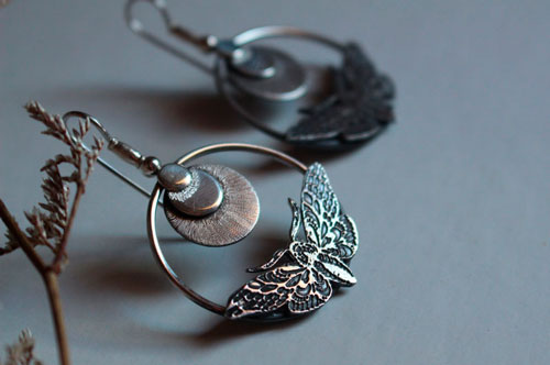 Sphinx, moth and moon earrings in sterling silver