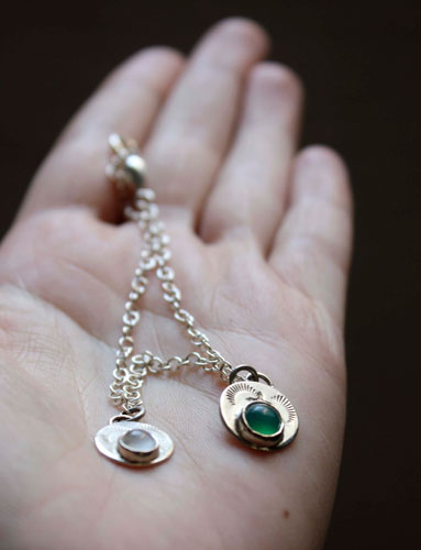 Spring rain, moonstone and green agate anklet and bracelet in sterling silver