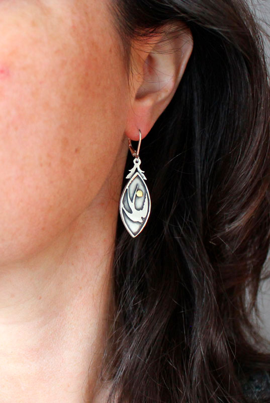 Spring swallow, bird earrings in sterling silver and brass 