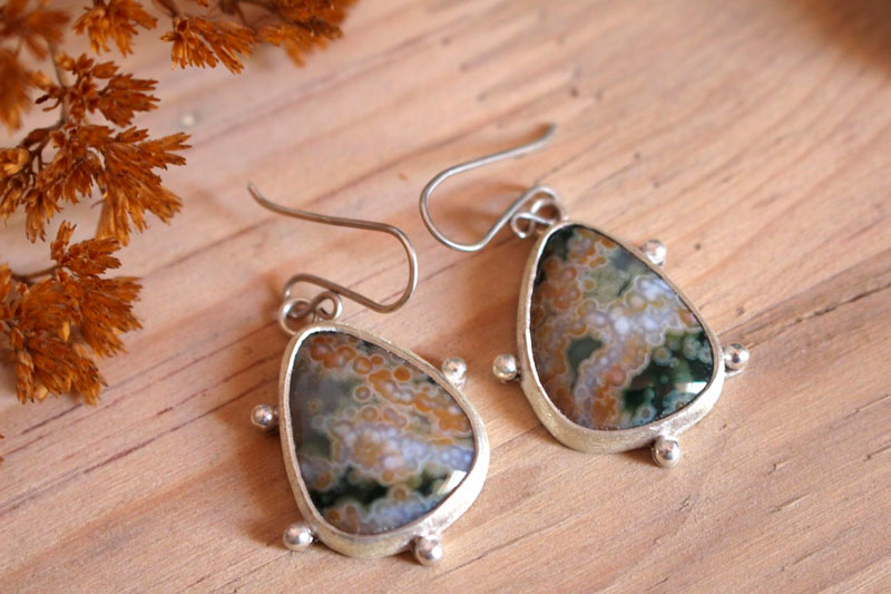 Stellar melody, celestial vault earrings in sterling silver and ocean jasper