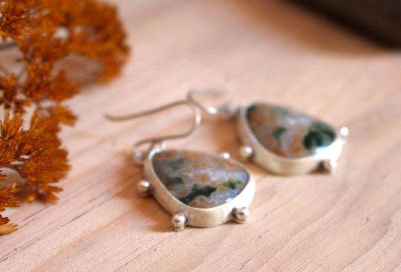 Stellar melody, celestial vault earrings in sterling silver and ocean jasper