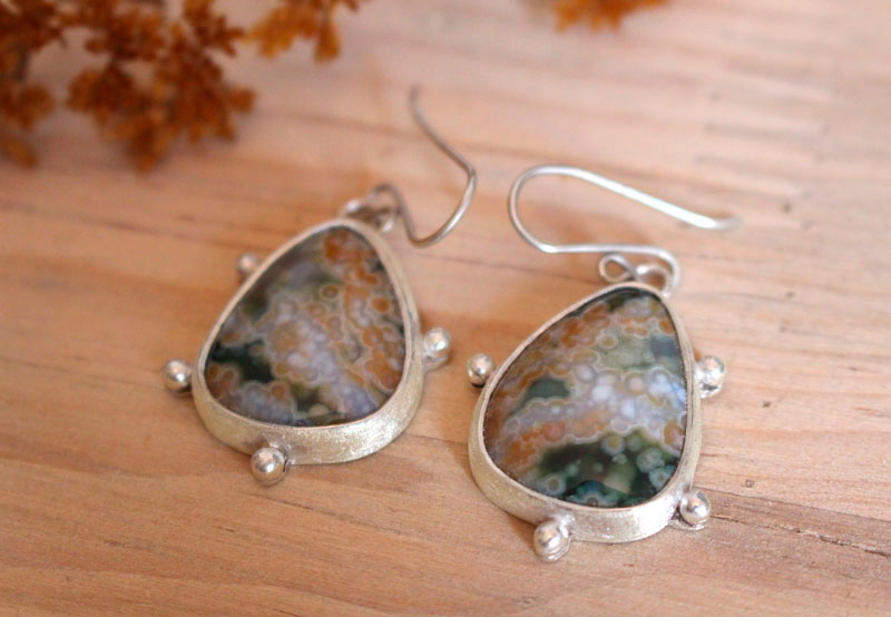 Stellar melody, celestial vault earrings in sterling silver and ocean jasper