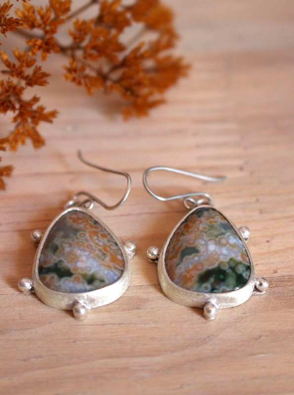 Stellar melody, celestial vault earrings in sterling silver and ocean jasper