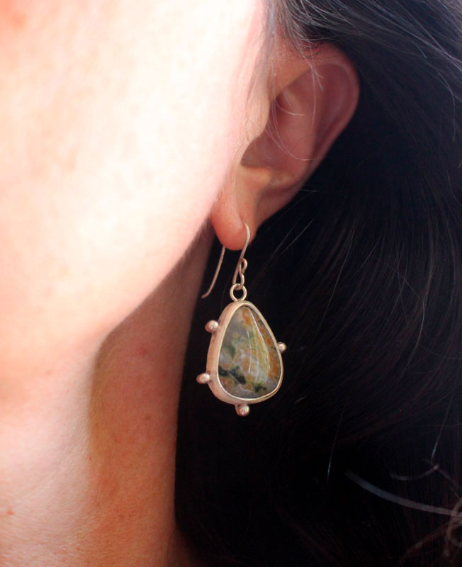 Stellar melody, celestial vault earrings in sterling silver and ocean jasper