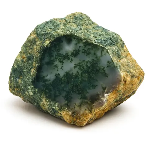 Moss agate gemstone showing natural dendritic inclusions and green patterns