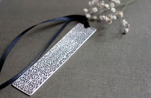 Symphony, engraved baroque bookmark in sterling silver