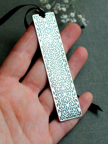 Symphony, engraved baroque bookmark in sterling silver
