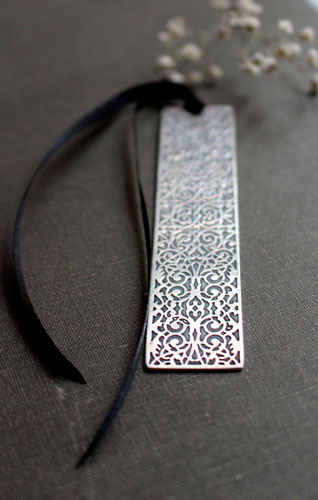 Symphony, engraved baroque bookmark in sterling silver