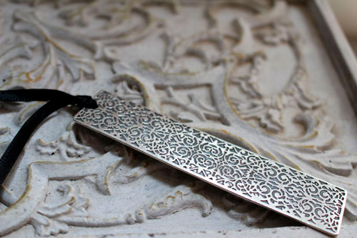 Symphony, engraved baroque bookmark in sterling silver