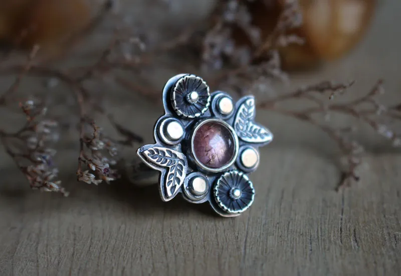 Tea rose, flower ring in silver and pink tourmaline