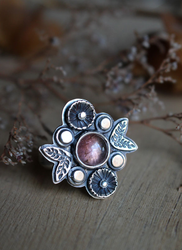 Tea rose, flower ring in silver and pink tourmaline
