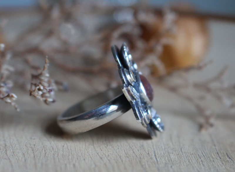 Tea rose, flower ring in silver and pink tourmaline