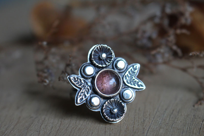 Tea rose, flower ring in silver and pink tourmaline