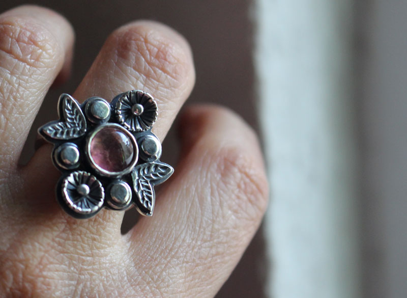 Tea rose, flower ring in silver and pink tourmaline