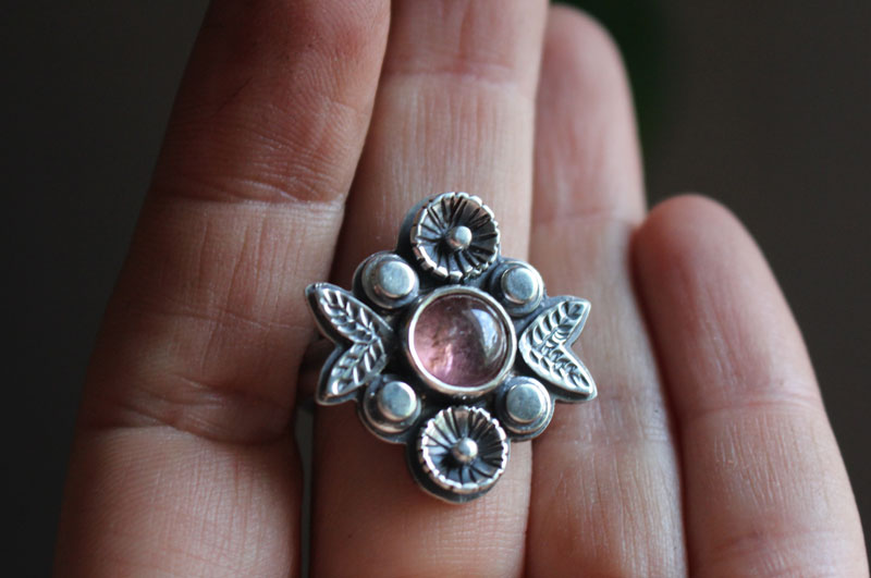 Tea rose, flower ring in silver and pink tourmaline