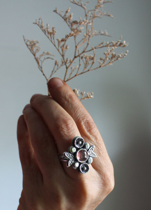 Tea rose, flower ring in silver and pink tourmaline