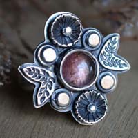 Tea rose, flower ring in silver and pink tourmaline