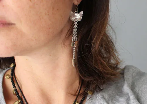 The butterfly effect, science and interaction earrings in silver and unakite
