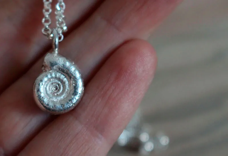 The cradle of life, nautilus Ammonite and birthstone necklace in silver and ruby