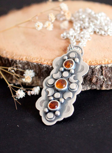 The cycle of the seasons, autumn equinox necklace in silver and amber