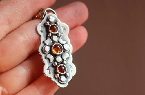 The cycle of the seasons, autumn equinox necklace in silver and amber