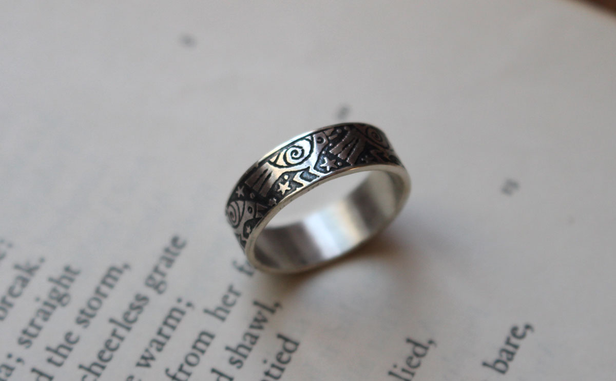The Dance of the Ravens, legendary bird ring in silver