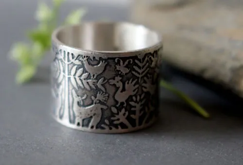 The deer tree, Otomi deer and bird ring in silver