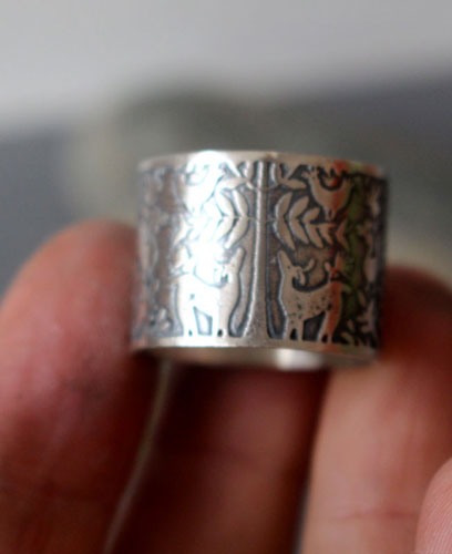 The deer tree, Otomi deer and bird ring in silver