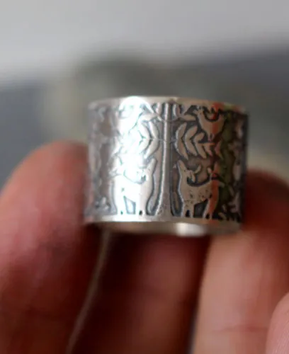 The deer tree, Otomi deer and bird ring in silver