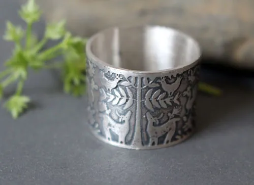 The deer tree, Otomi deer and bird ring in silver