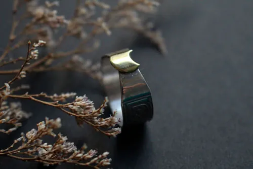 The druidess’s band, Celtic moon ring in silver and brass