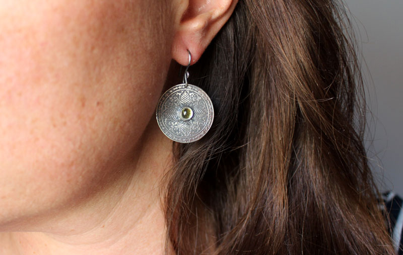 The earth, terrestrial mandala earrings in silver and peridot