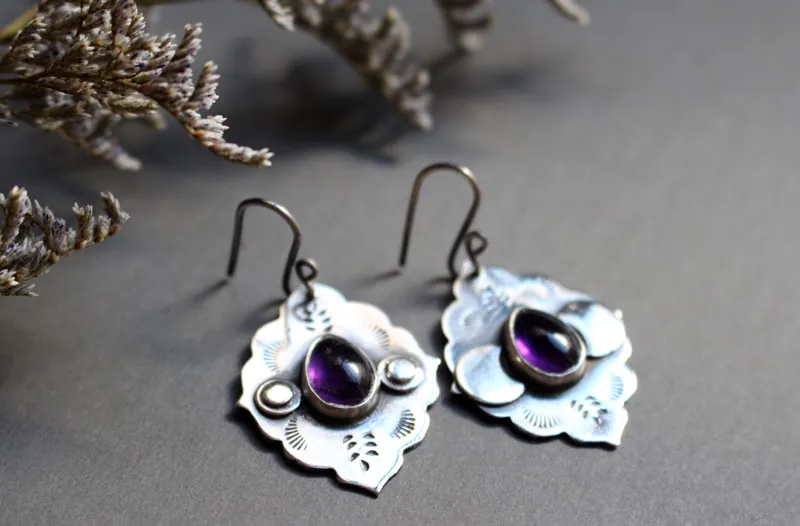 The evening star, Moorish architecture earrings in silver and amethyst
