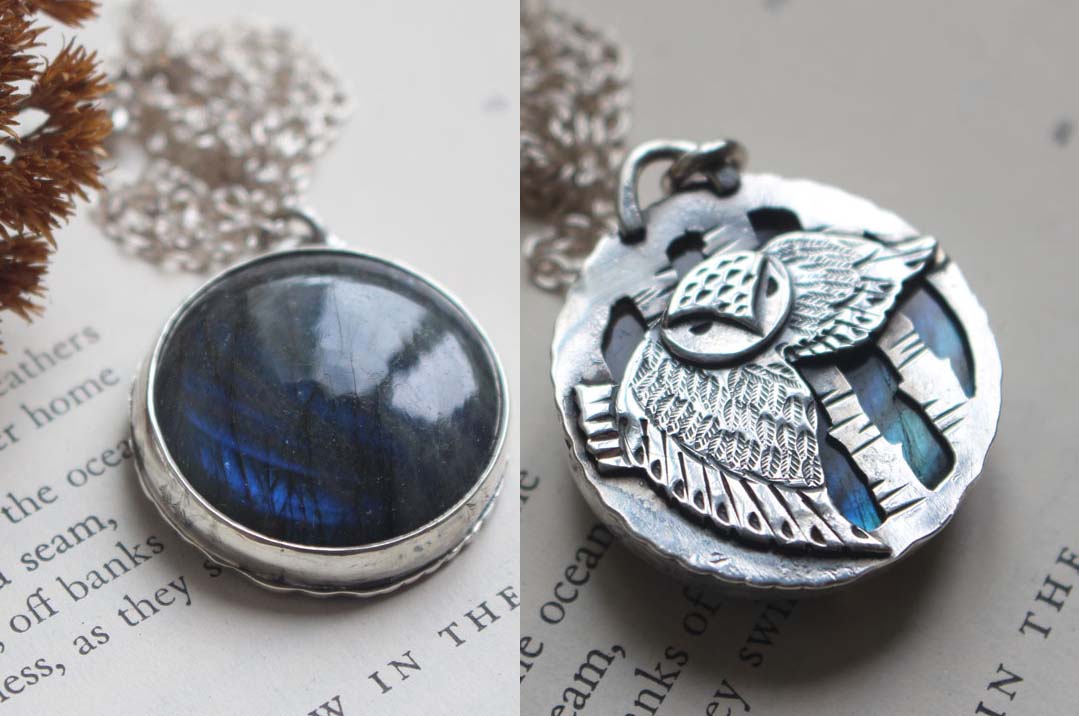 The eye of the night, owl in the forest necklace in silver and labradorite
