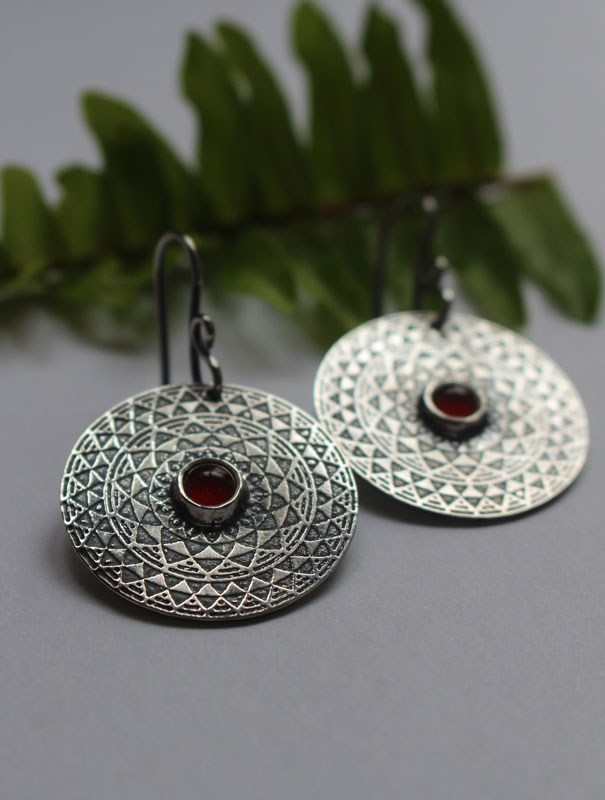 The fire, fiery mandala earrings in silver and carnelian