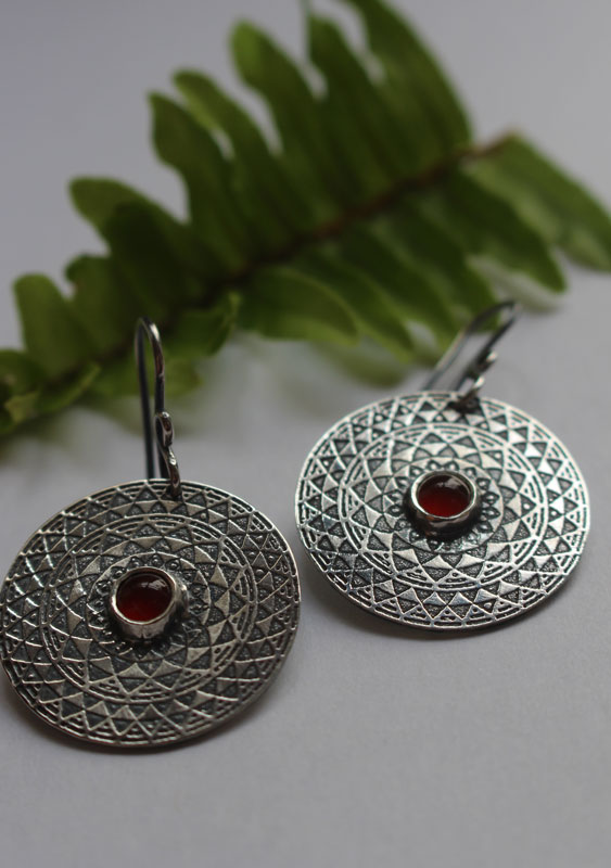 The fire, fiery mandala earrings in silver and carnelian