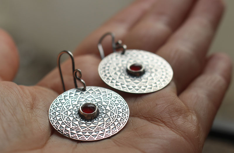 The fire, fiery mandala earrings in silver and carnelian
