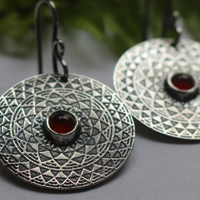 The fire, fiery mandala earrings in silver and carnelian