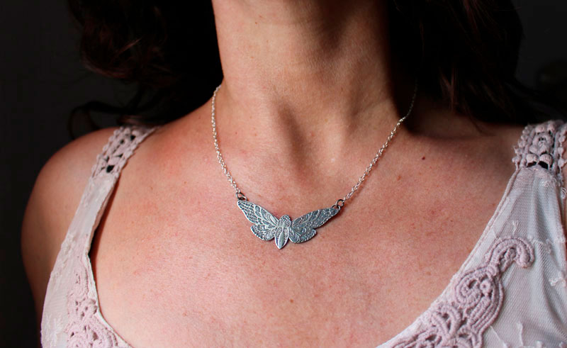 The flight of the butterfly, moth necklace in sterling silver