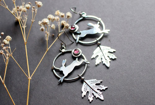 The hare of dawn, rustic earrings in silver and pink tourmaline