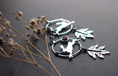 The hare of dawn, rustic earrings in silver and pink tourmaline