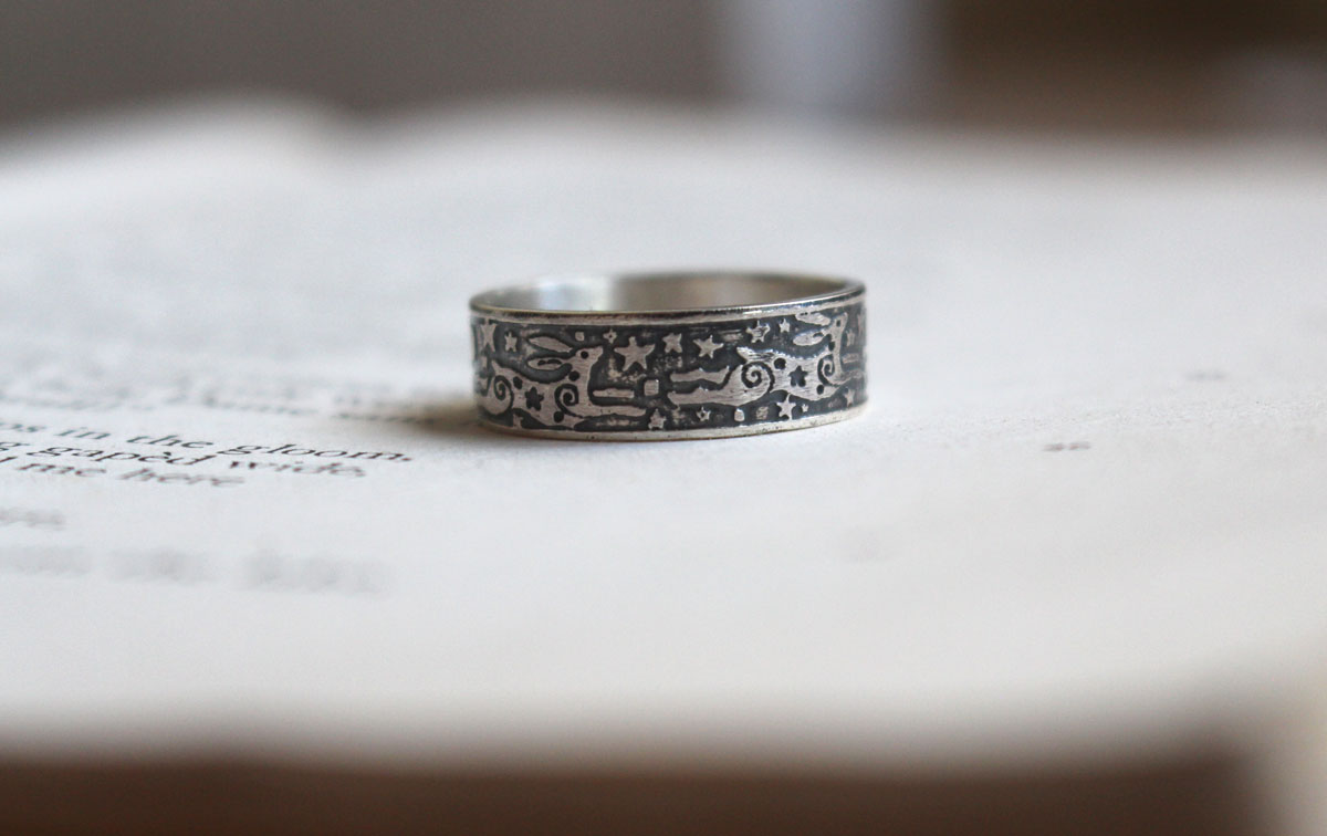 The hare round dance, rabbit of the night sky ring in silver