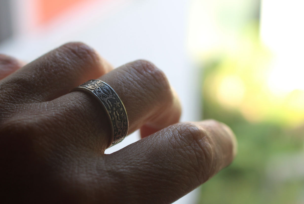 The hare round dance, rabbit of the night sky ring in silver