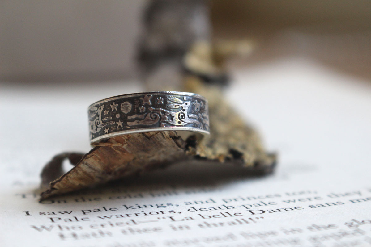 The hare round dance, rabbit of the night sky ring in silver